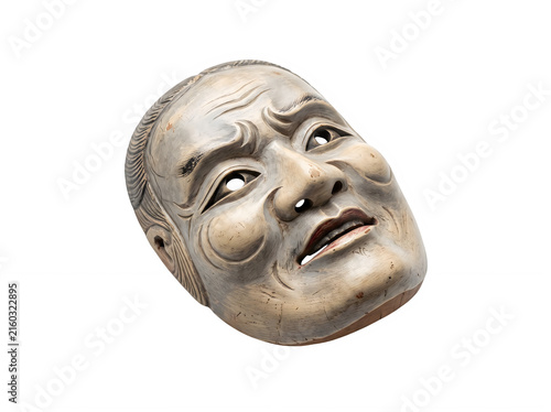 Old japanese theater mask with a sad expression showing traditional noh culture and dramatic wooden art