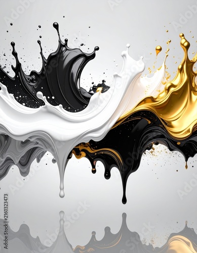 black and white liquid splashs on a gray background