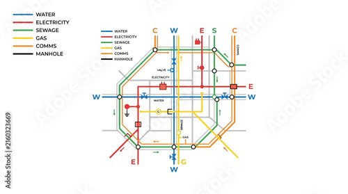 City Utility Map Diagram: Water, Electricity, Gas, Sewage, Comms