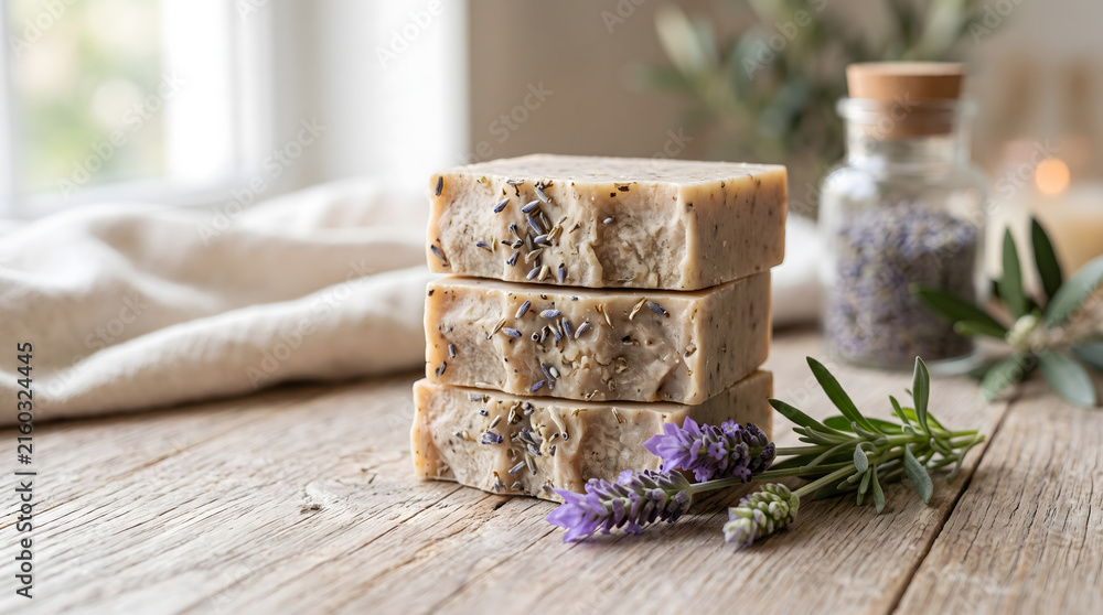 Fototapeta premium handmade lavender soap bars with dried flowers on wood