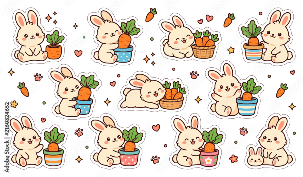 Obraz premium Cute Bunny Rabbit Sticker Set with Carrots and Potted Plants Vector Illustration