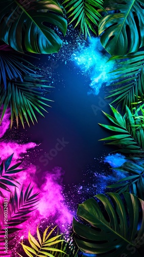 tropical leaves background with neon lights