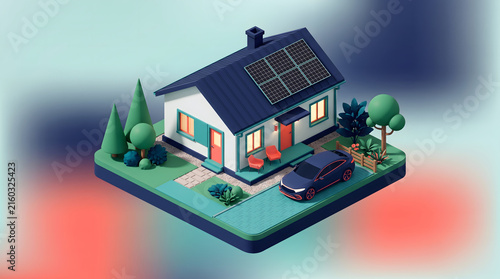 modern house with solar panels and electric car