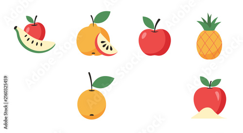 Selection of minimalist flat fruit illustrations showcasing red apples, yellow apples, pineapple, and sliced segments.