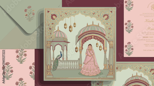 Mughal Pichwai Garden.Vector illustration of temple, pillar arch, tropical plant, peacock, fountain, flower frame, pattern for greeting card, flyer, poster or background. Indian Wedding Invitation.