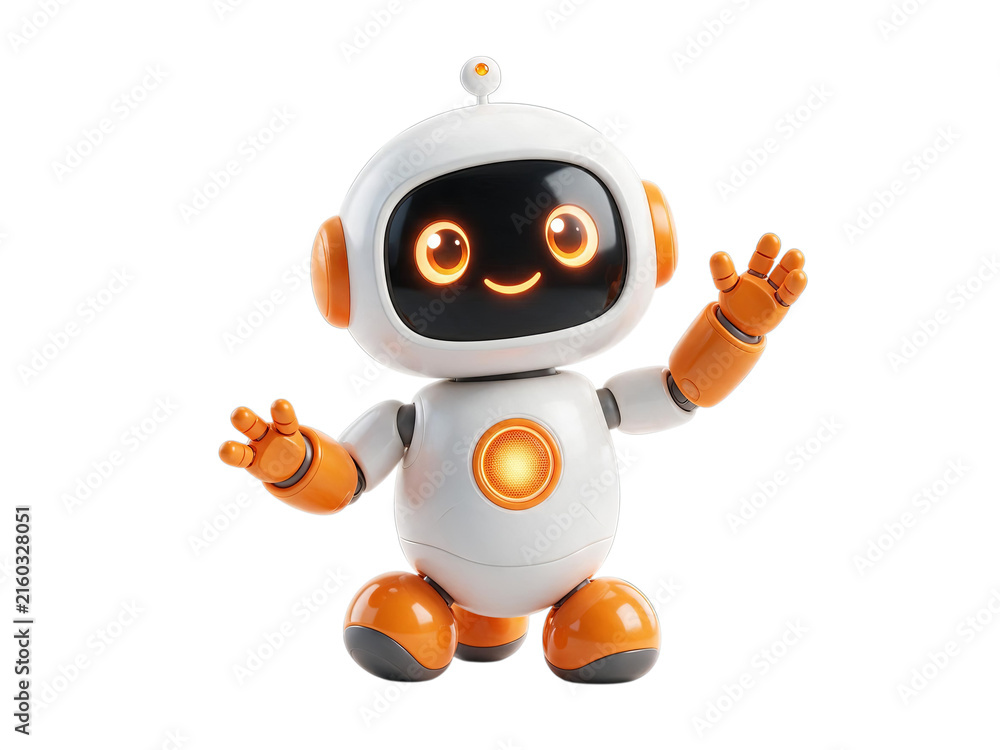 Naklejka premium Cute White and Blue AI Robot Welcoming with Open Hands