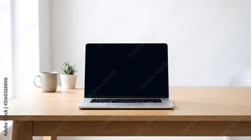 Fototapeta premium Eye-level shot of a laptop computer with blank screen representing remote work and digital presentation with copy space in a minimalist home office.