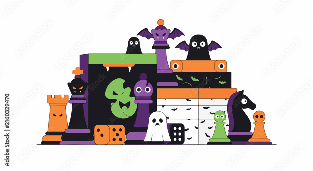 Fototapeta premium Halloween Themed Chess Pieces and Spooky Game Board Illustration