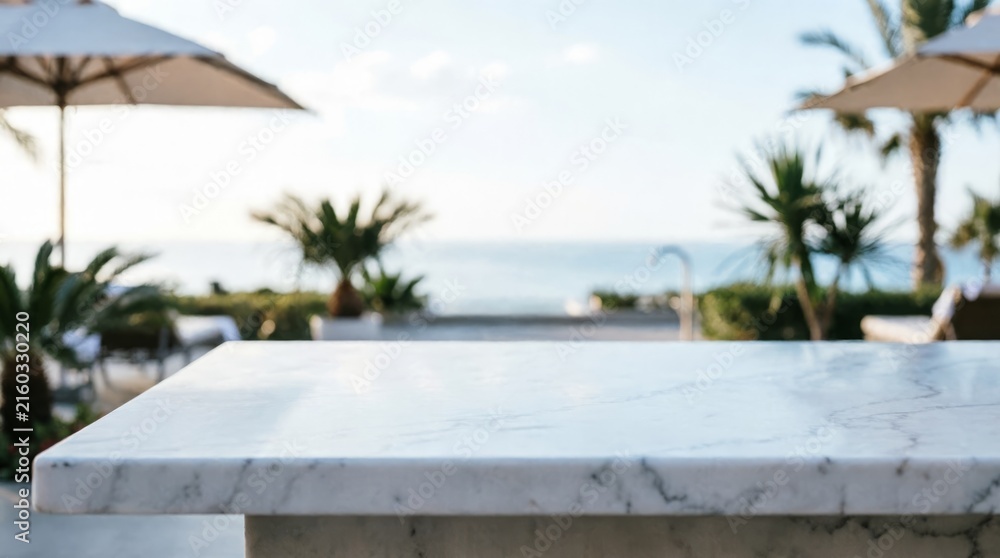 Fototapeta premium Marble Table Top with Ocean View Background for Web Design