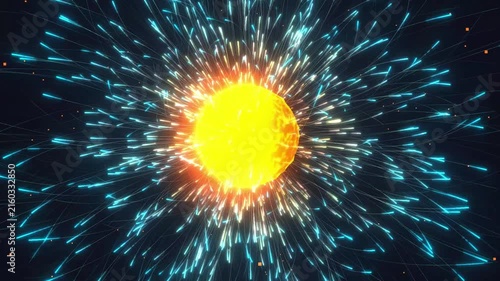 Glowing cosmic core radiates streak particles outward in a dramatic 3D animation with fiery yellow and neon cyan energy for title backdrops