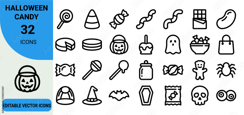 Fototapeta premium halloween candy and spooky holiday themed line art vector icons for graphic design projects