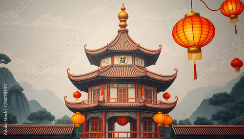 A traditional Chinese pagoda tower with multi-tiered upturned eaves, red wooden pillars, intricate dark tile roofs, and hanging red paper lanterns under a warm golden sky.