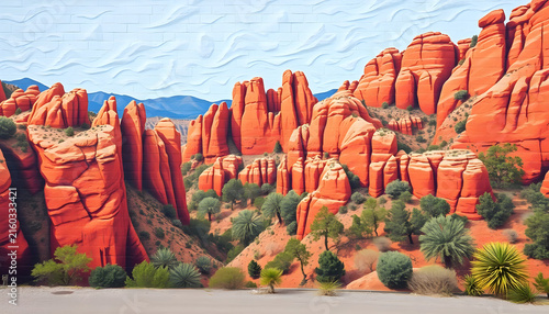 Vibrant red sandstone rock formations and red rock butter cliffs in Sedona Arizona surrounded by green desert pine trees under a clear bright sky, desert landscape painting.