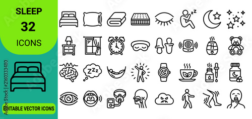 sleep and bedroom related linear icons for health and wellness design projects