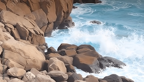 Dramatic rugged coastal rock formations with powerful sea waves crashing against brown boulders, sea spray and churning white water under a moody overcast sky, realistic coastal photography.