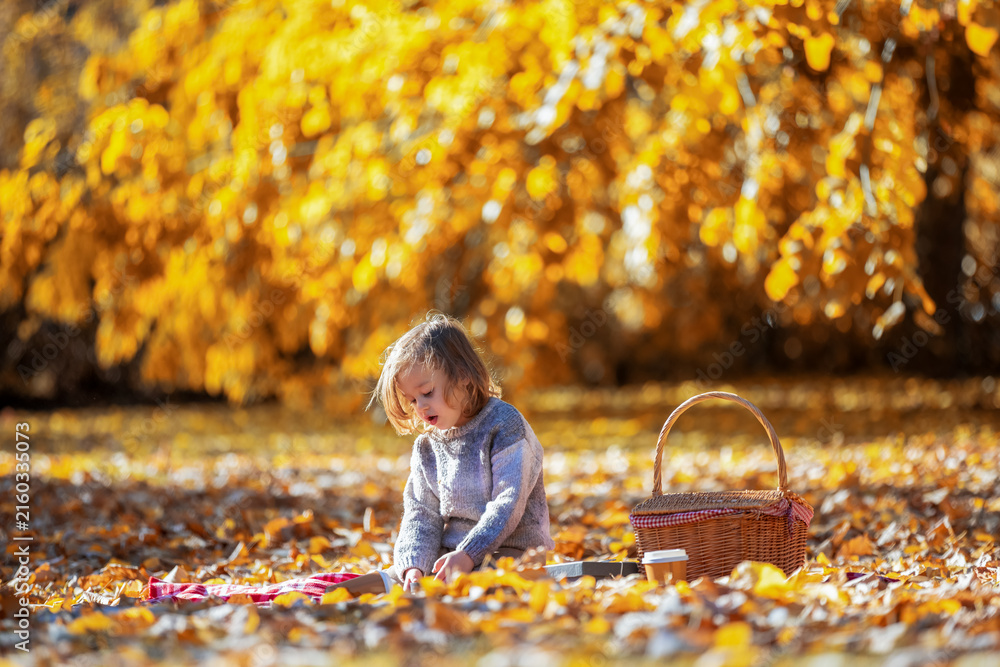 Naklejka premium Little boy sitting alone on ground in autumn park