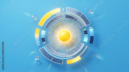 a futuristic digital HUD (Heads-Up Display) or GUI interface graphic with glowing concentric circles, data progress bars, and a bright central glowing orb against a blue background.