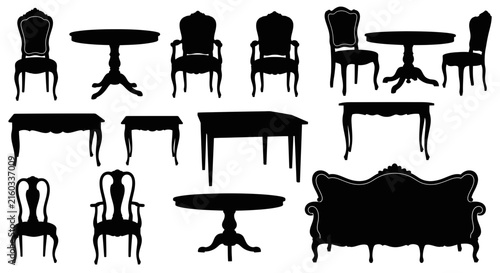 Collection of black silhouettes of antique furniture with furniture including chairs arranged white background tables sofa arranged interior