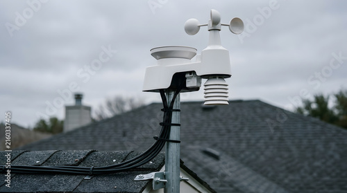 Professional home weather station on roof | Anemometer and rain gauge for residential monitoring | Modern wireless outdoor weather sensor array | Smart home meteorological measurement equipment