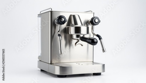A gleaming stainless steel espresso machine showcasing modern design and elegance in a bright studio setting.