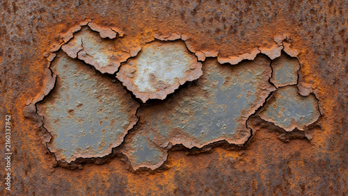 Close up macro texture of heavily corroded metal surface with peeling paint layers and weathered iron oxidation patterns for background design