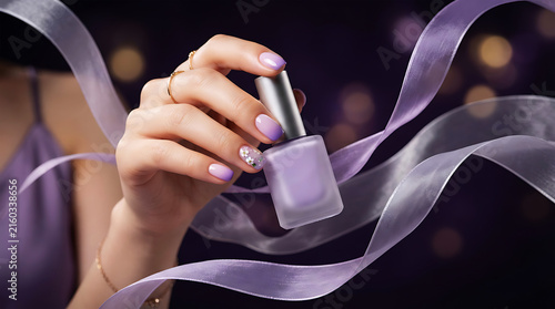 Hand holding purple nail polish bottle close-up