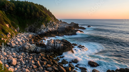 Breathtaking sunset view over a rugged rocky coastline with crashing ocean waves hitting the shore at golden hour