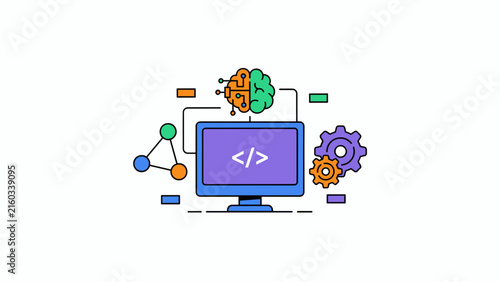 Artificial intelligence software development vector, computer coding and neural network brain icon, machine learning technology concept