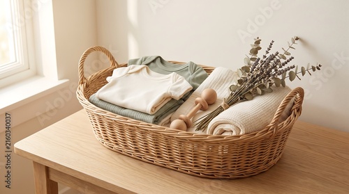 Wicker laundry basket with folded white towels and eucalyptus sprigs on wooden stool
