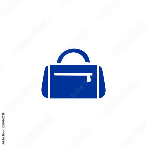 A minimalist blue vector icon of a travel duffel bag or gym bag with a zipper pocket and top handle, isolated against a solid white background.