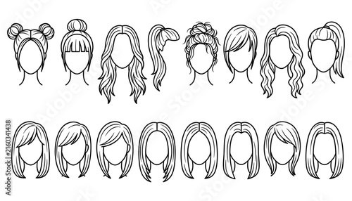 Female hair style collection featuring various black and white linear avatars for beauty salon fashion and wig catalog