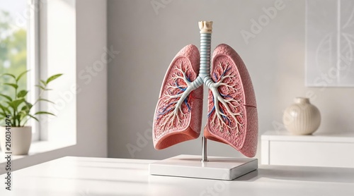 Anatomical model of human lungs on a medical office desk.