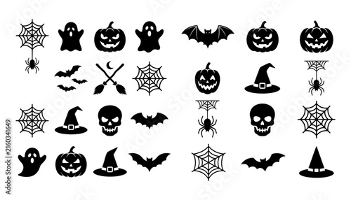 Halloween black solid silhouette icon bundle with spooky pumpkins ghosts bats skulls witch hats and spider webs
