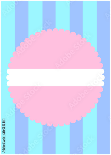 Pink scalloped circle label on blue striped background for design template