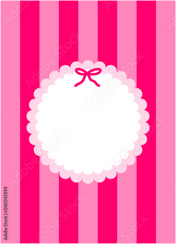 Pink striped background with a white scalloped circular frame and a cute bow