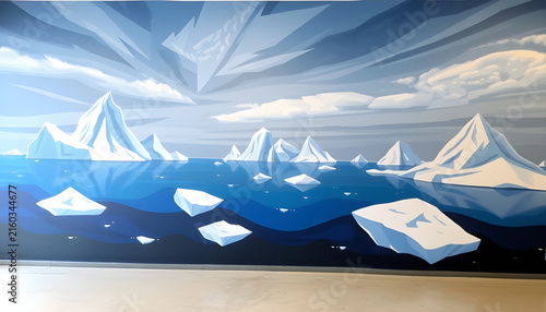 An arctic landscape illustration featuring melting iceberg ice floes floating on dark blue polar ocean water beneath a dramatic, stylized low-polygon cloudy sky with cool blue and grey hues, environme