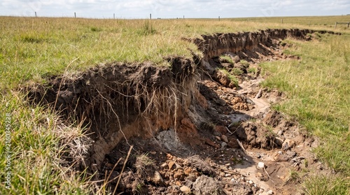 Close-up view of soil erosion affecting plant roots and vegetation in agricultural land