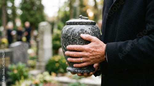 Close-up of hands holding a stone cremation urn with an inscription during a solemn memorial and funeral ceremony.