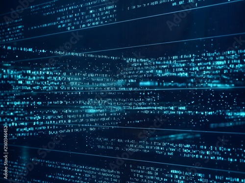 Futuristic Digital Data Stream Matrix with Glowing Blue-Green Code Lines and Complex Algorithmic Patterns