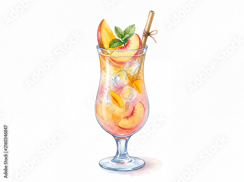 Peach cocktail with ice and mint garnish in glass, refreshing summer drink with straw and fruit slices