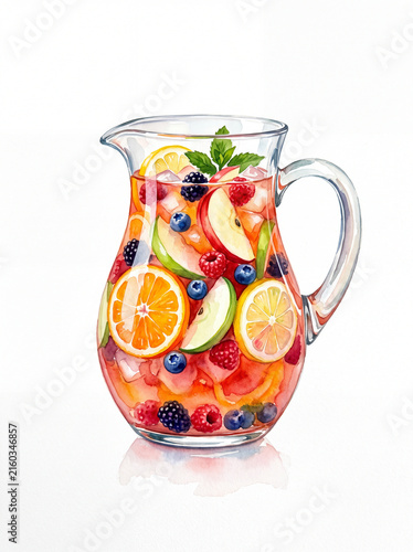 Refreshingly colorful fruit punch pitcher with citrus, apple, berries and mint creating vibrant summer beverage delight