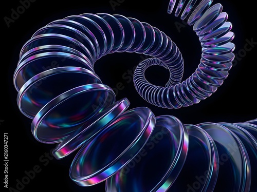 Mesmerizing Futuristic Spiral Holographic Discs Floating in Iridescent 3D Space Against Deep Cosmic Black Background