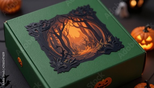Detailed halloween themed packaging design showcasing a mysterious forest landscape with various decorative features