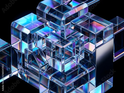 Stunning 3D Abstract Glass Prismatic Structure with Iridescent Light Reflections Against Deep Space Black Background