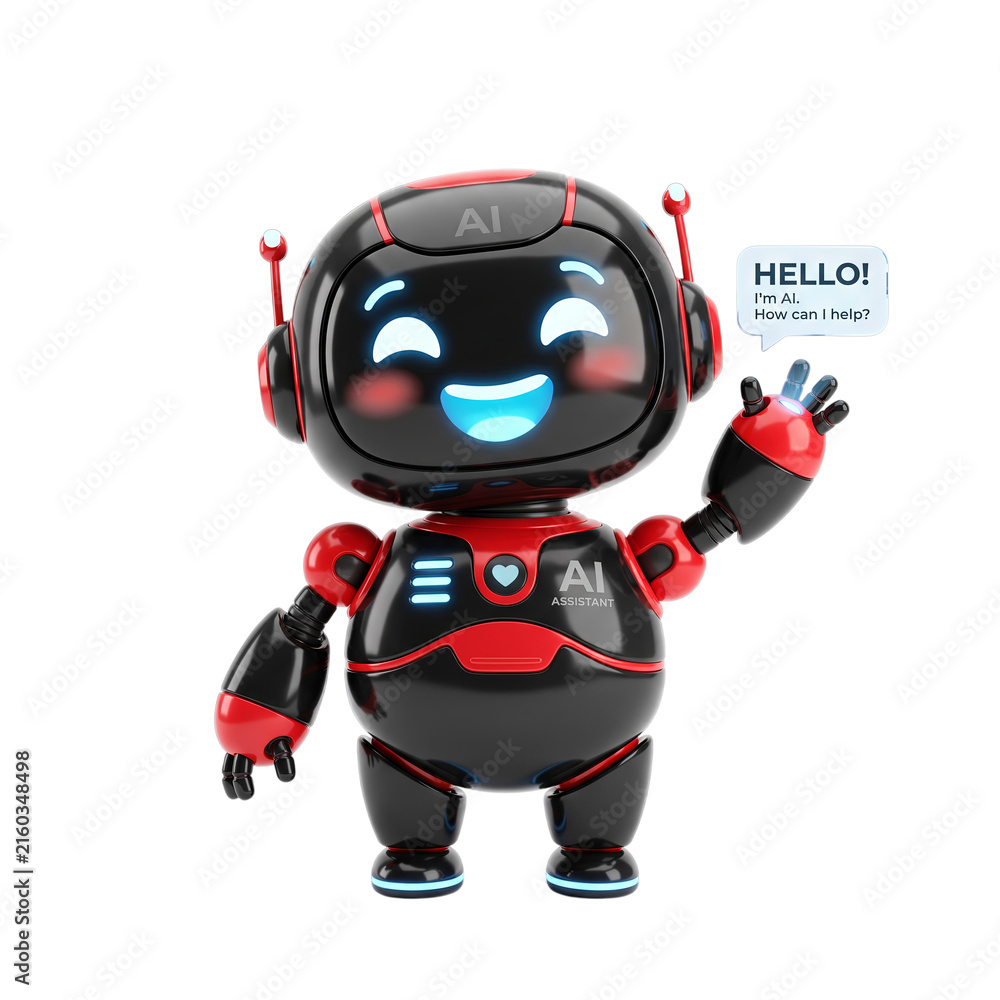 Naklejka premium Black and Red AI Robot with Hello Speech Bubble
