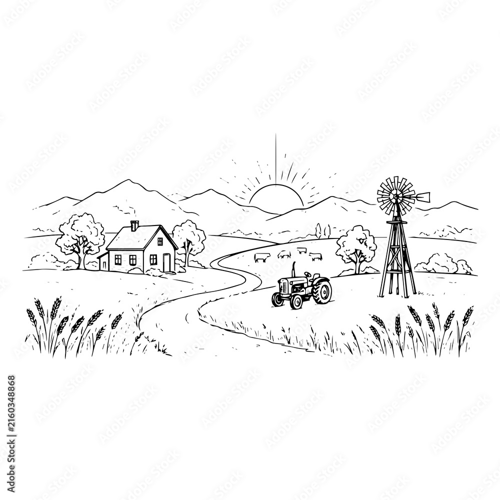 Obraz premium Detailed ink of a peaceful farm landscape featuring a tractor, a small farmhouse, a windmill, and mountains under a bright rising sun
