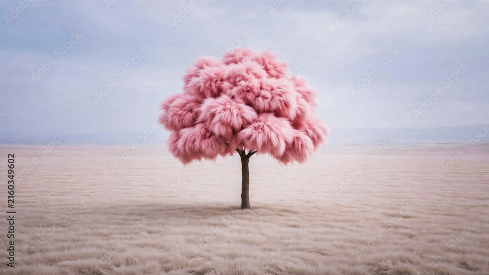 Fototapeta premium Arbre avec fourrure rose dans un champ avec fourrure beige
