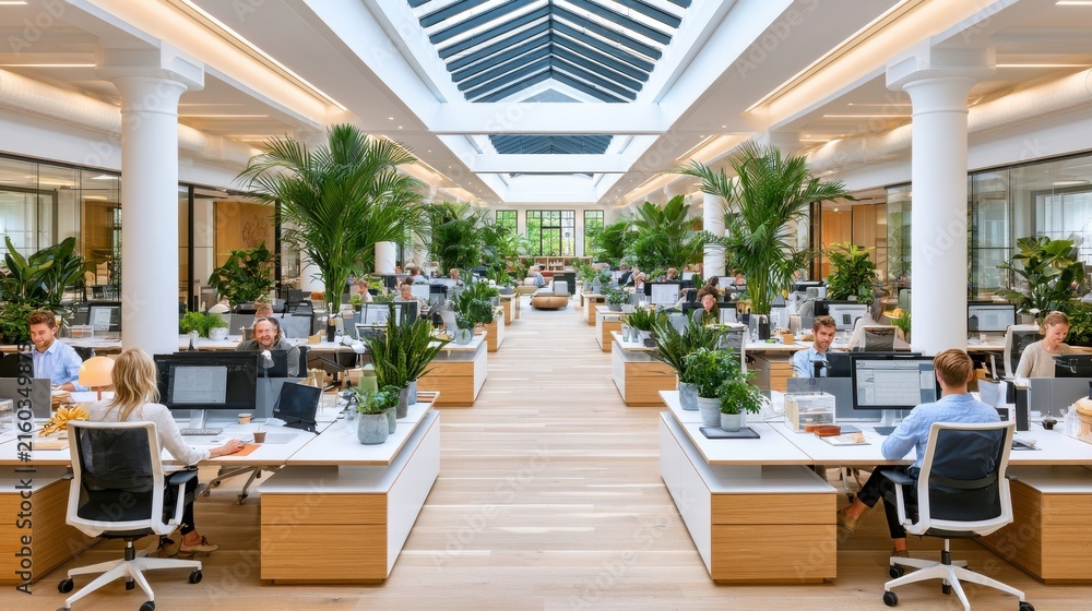 Fototapeta premium Open plan office with rows of desks, natural light, and indoor plants