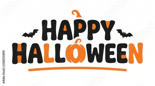 Happy Halloween playfull typography text design with pumpkin O letter and flying bats isolated on white background. 