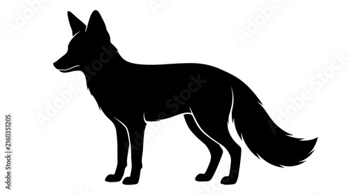 Minimalist black silhouette graphic featuring alert fox standing side profile against solid white background with displays clean black set against stark